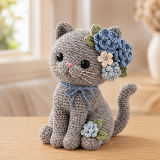 Gray Cat Crochet Doll with Blue Flowers – Handmade Floral Cat Decor & Cat Lover Gift