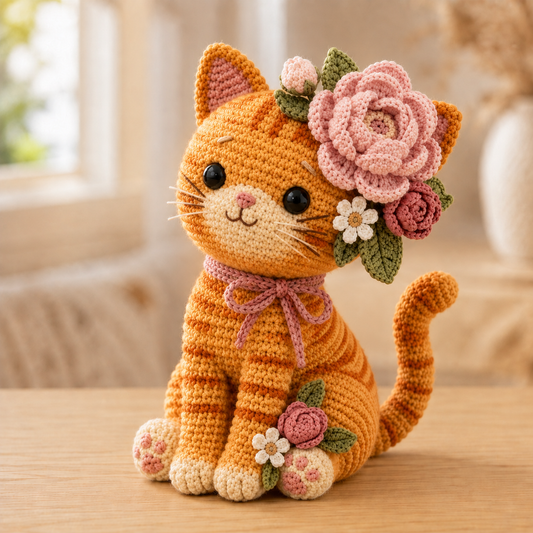 Orange Tabby Crochet Cat with Pink Peonies – Handmade Floral Cat Decor & Cat Lover Gift