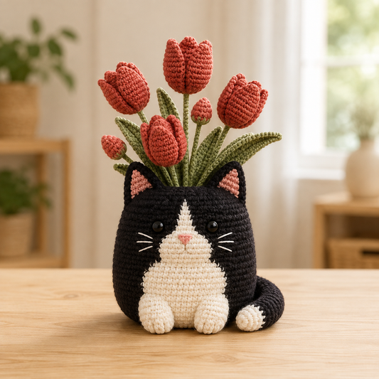 Crochet Tuxedo Cat Tulip Planter