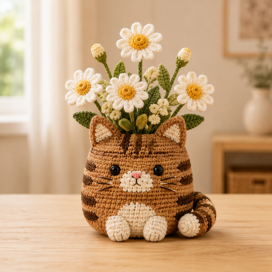 Crochet Brown Tabby Cat Daisy Planter