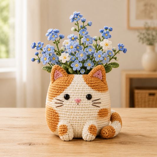 Crochet Ginger Cat Forget-Me-Not Planter
