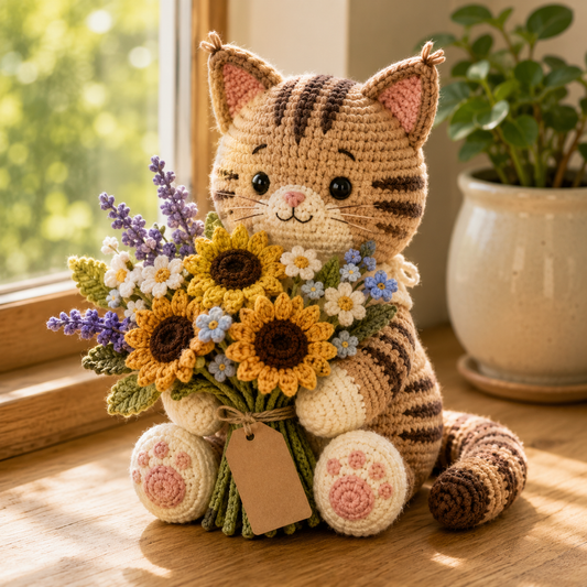 Crochet Tabby Cat Flower Bouquet Decor