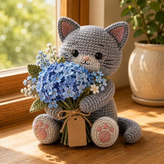 Crochet Gray Cat Hydrangea Bouquet