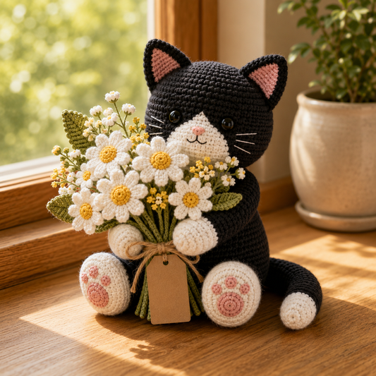 Crochet Tuxedo Cat Daisy Bouquet