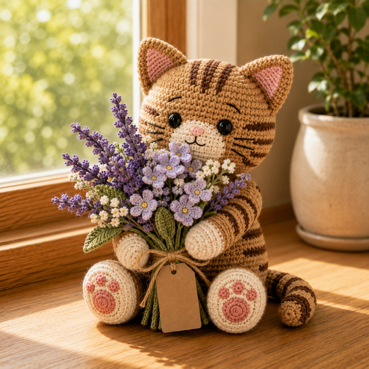 Crochet Tabby Cat Lavender Bouquet