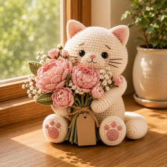 Crochet White Cat Peony Bouquet