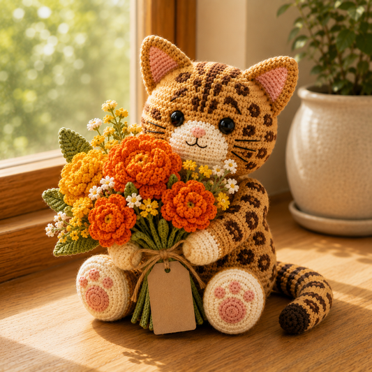 Crochet Orange Tabby Cat Flower Bouquet