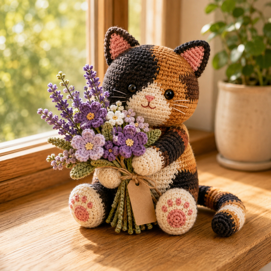 Crochet Calico Cat Lavender Bouquet