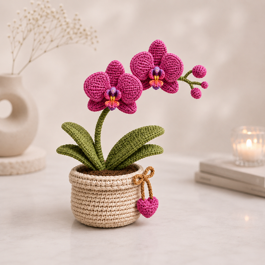 Crochet Orchid Plant in Pot – Handmade Desk Decor Gift