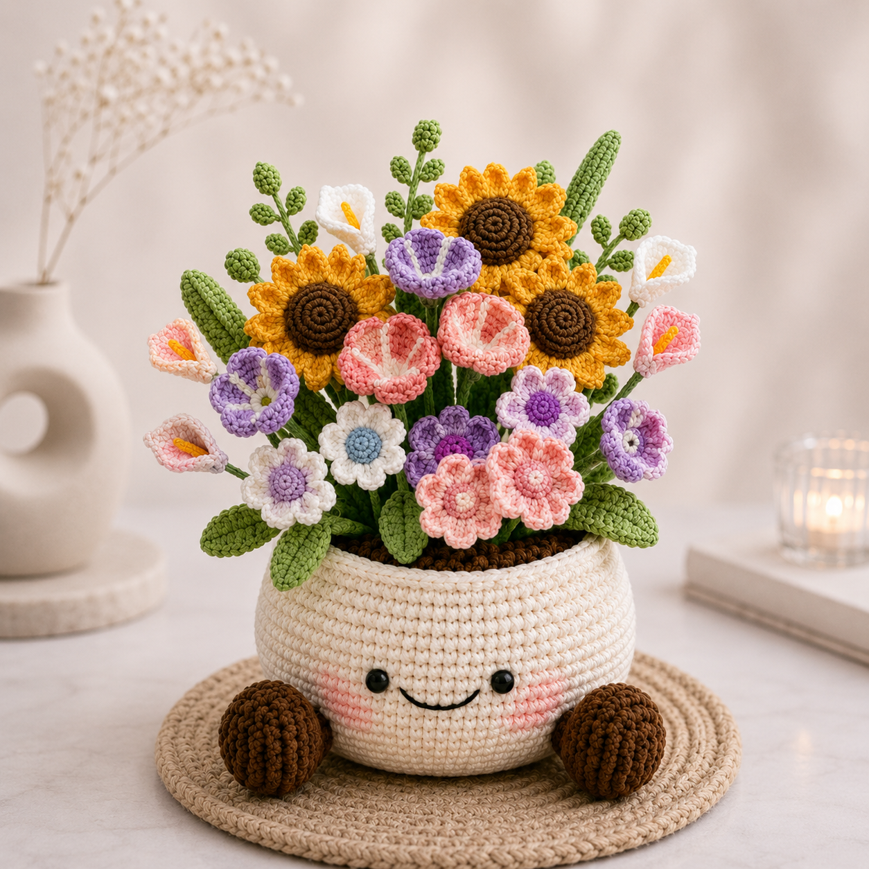 Crochet Flower Pot – Handmade Potted Plant Desk Decor Gift