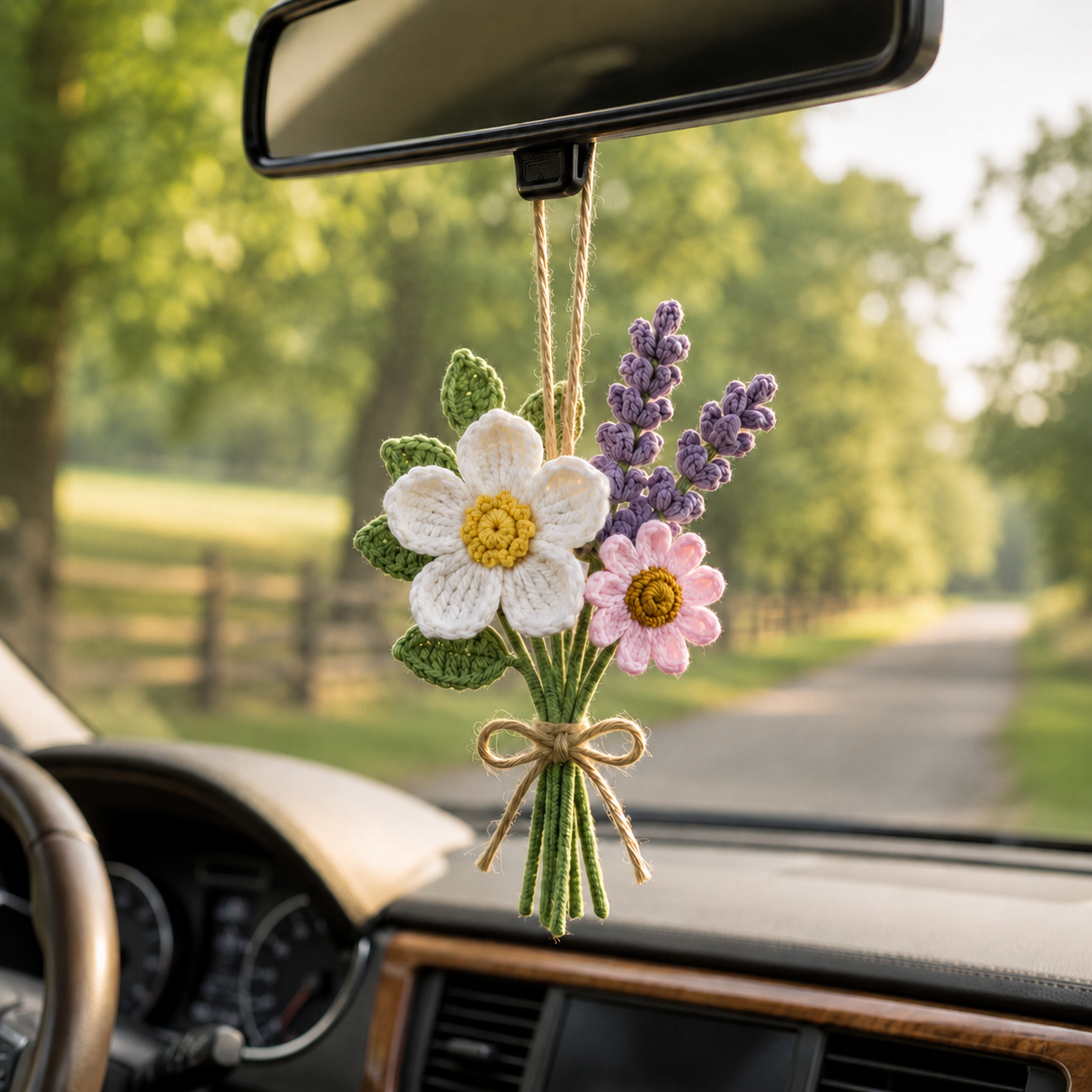 Crochet Lavender Flower Car Hanging – Handmade Rearview Mirror Bouquet