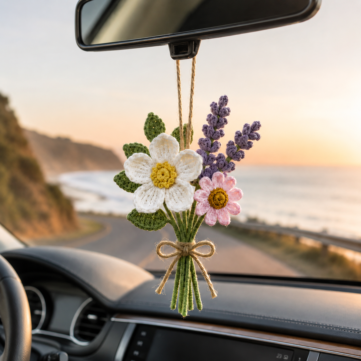 Crochet Lavender Flower Car Hanging – Handmade Rearview Mirror Bouquet