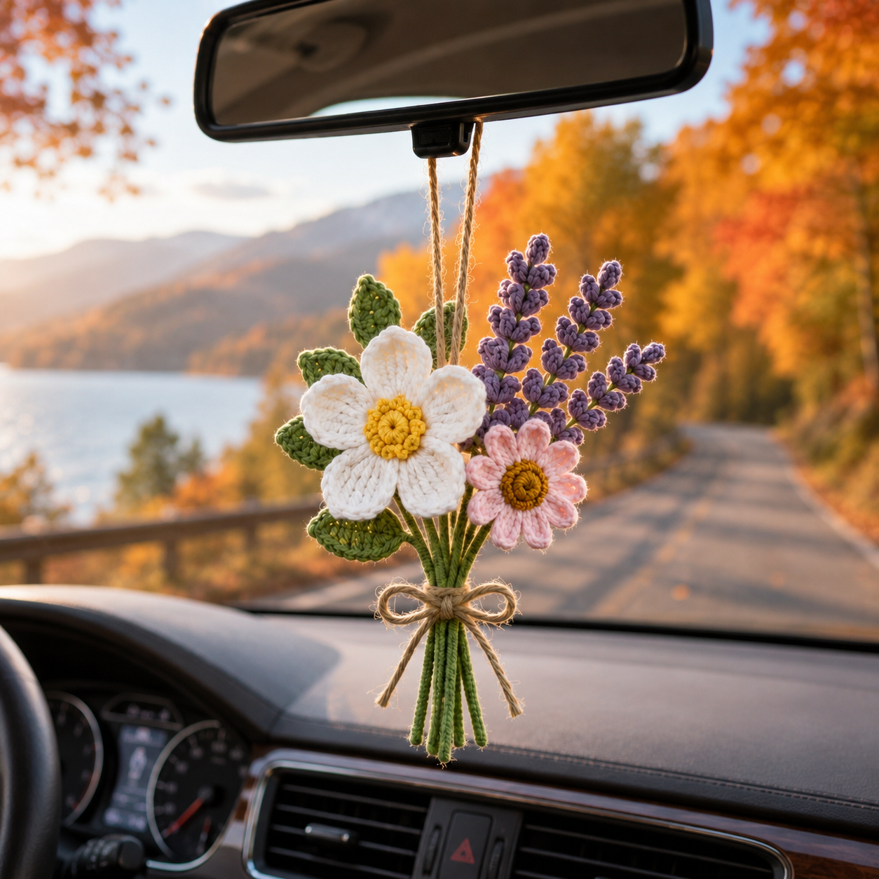 Crochet Lavender Flower Car Hanging – Handmade Rearview Mirror Bouquet