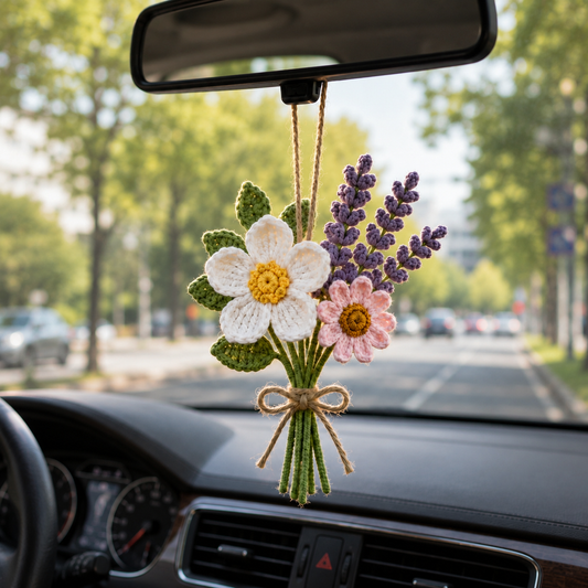 Crochet Lavender Flower Car Hanging – Handmade Rearview Mirror Bouquet