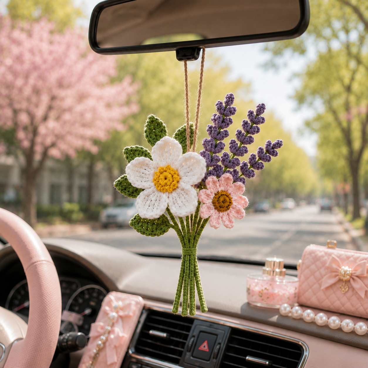 Crochet Lavender Flower Car Hanging – Handmade Rearview Mirror Bouquet