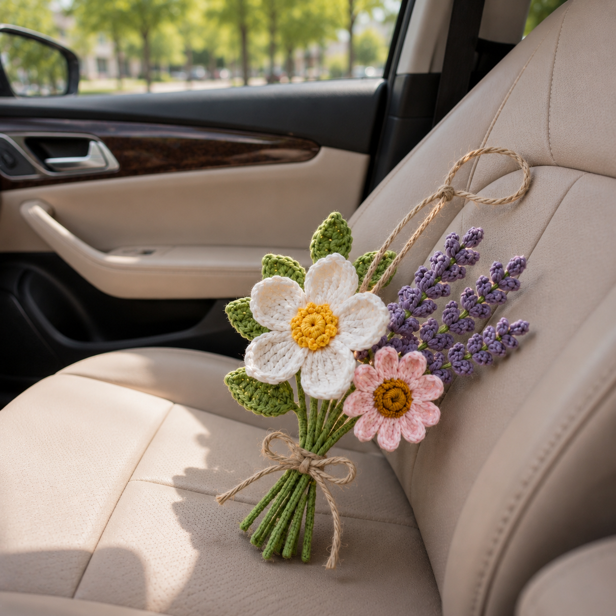 Crochet Lavender Flower Car Hanging – Handmade Rearview Mirror Bouquet