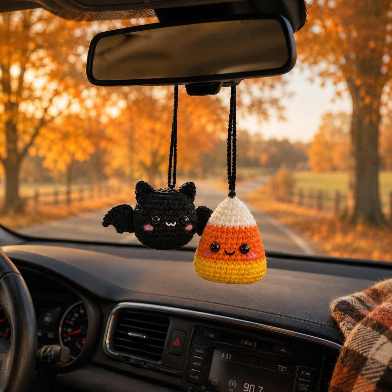 Halloween Crochet Car Mirror Hanging – Bat & Candy Corn Charm