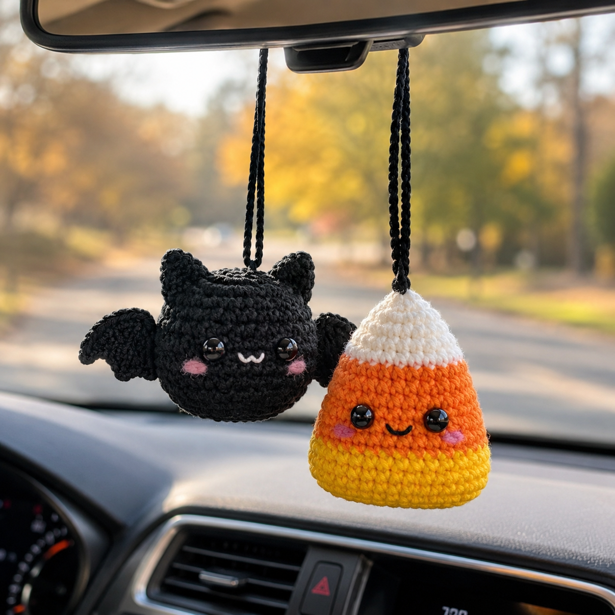 Halloween Crochet Car Mirror Hanging – Bat & Candy Corn Charm