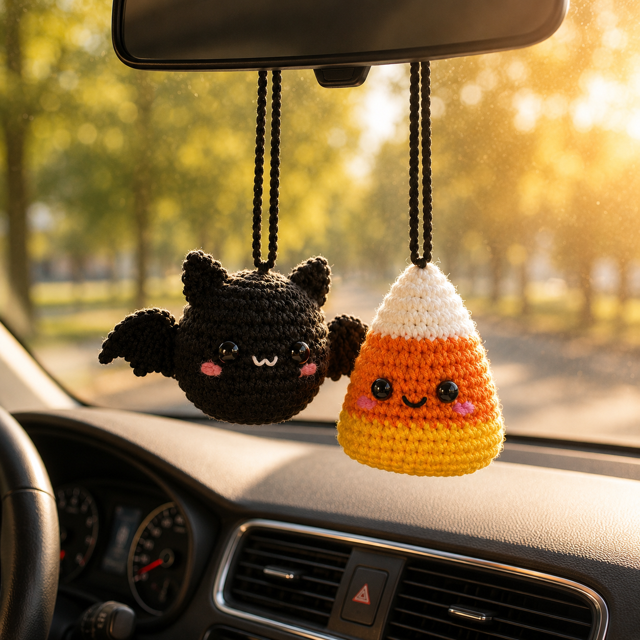 Halloween Crochet Car Mirror Hanging – Bat & Candy Corn Charm