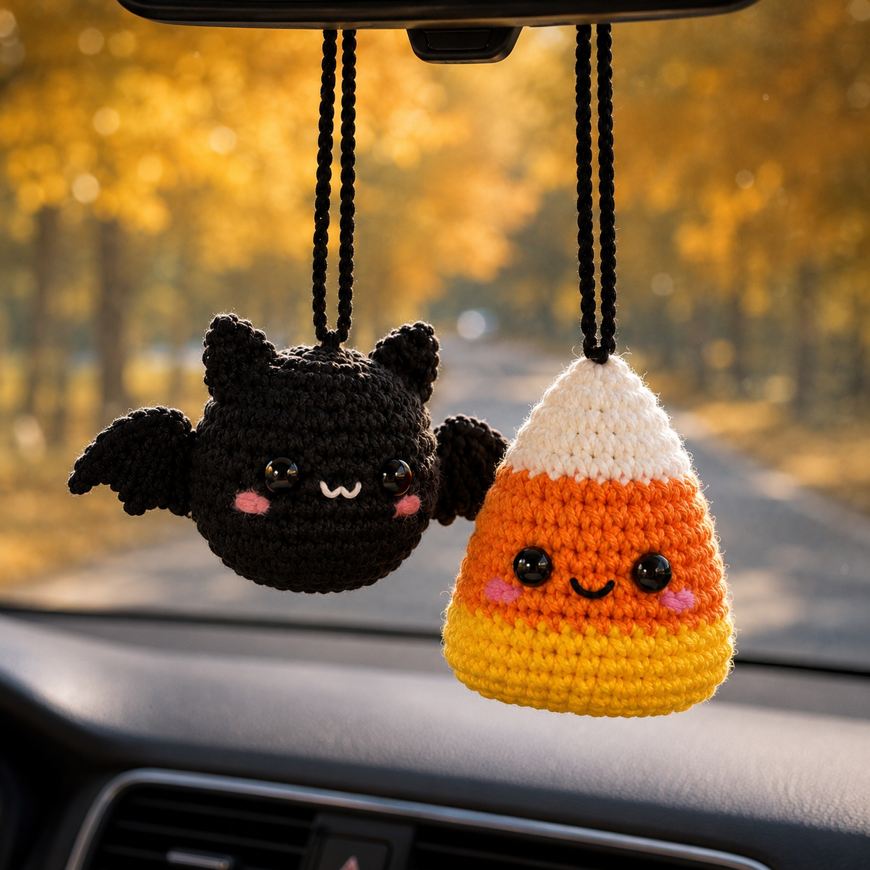Halloween Crochet Car Mirror Hanging – Bat & Candy Corn Charm