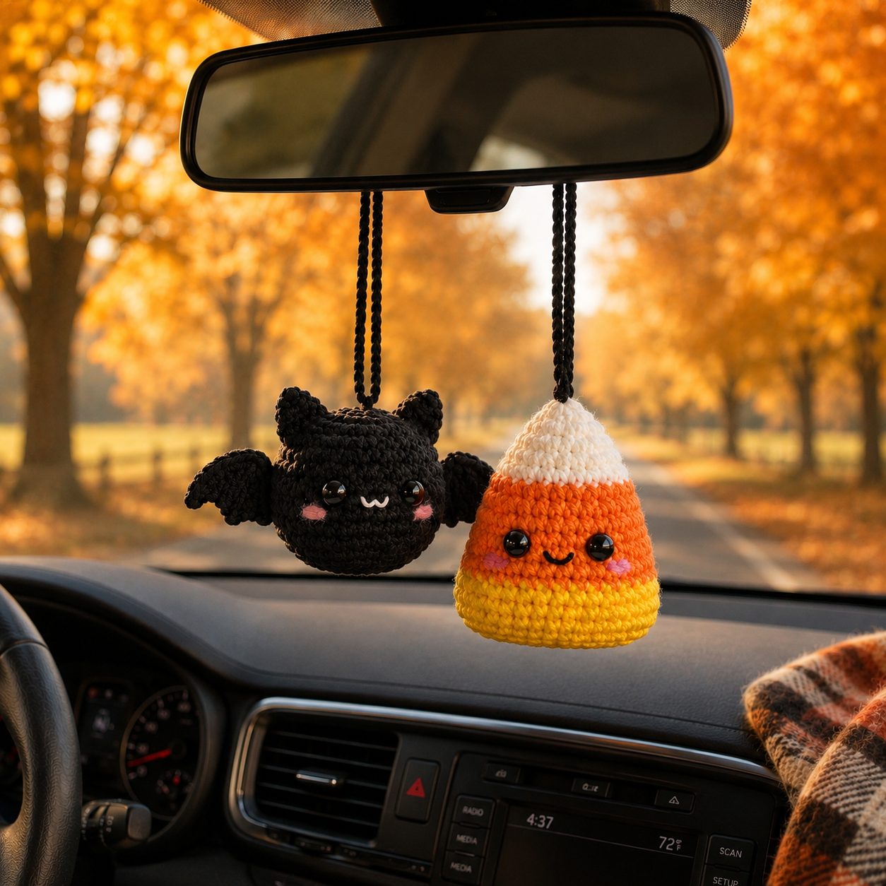 Halloween Crochet Car Mirror Hanging – Bat & Candy Corn Charm