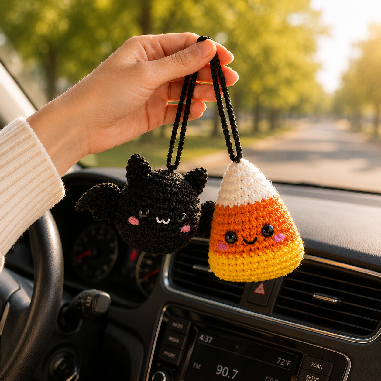 Halloween Crochet Car Mirror Hanging – Bat & Candy Corn Charm
