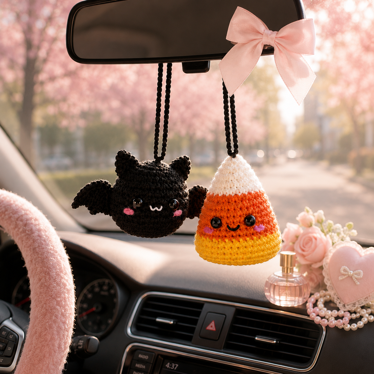 Halloween Crochet Car Mirror Hanging – Bat & Candy Corn Charm
