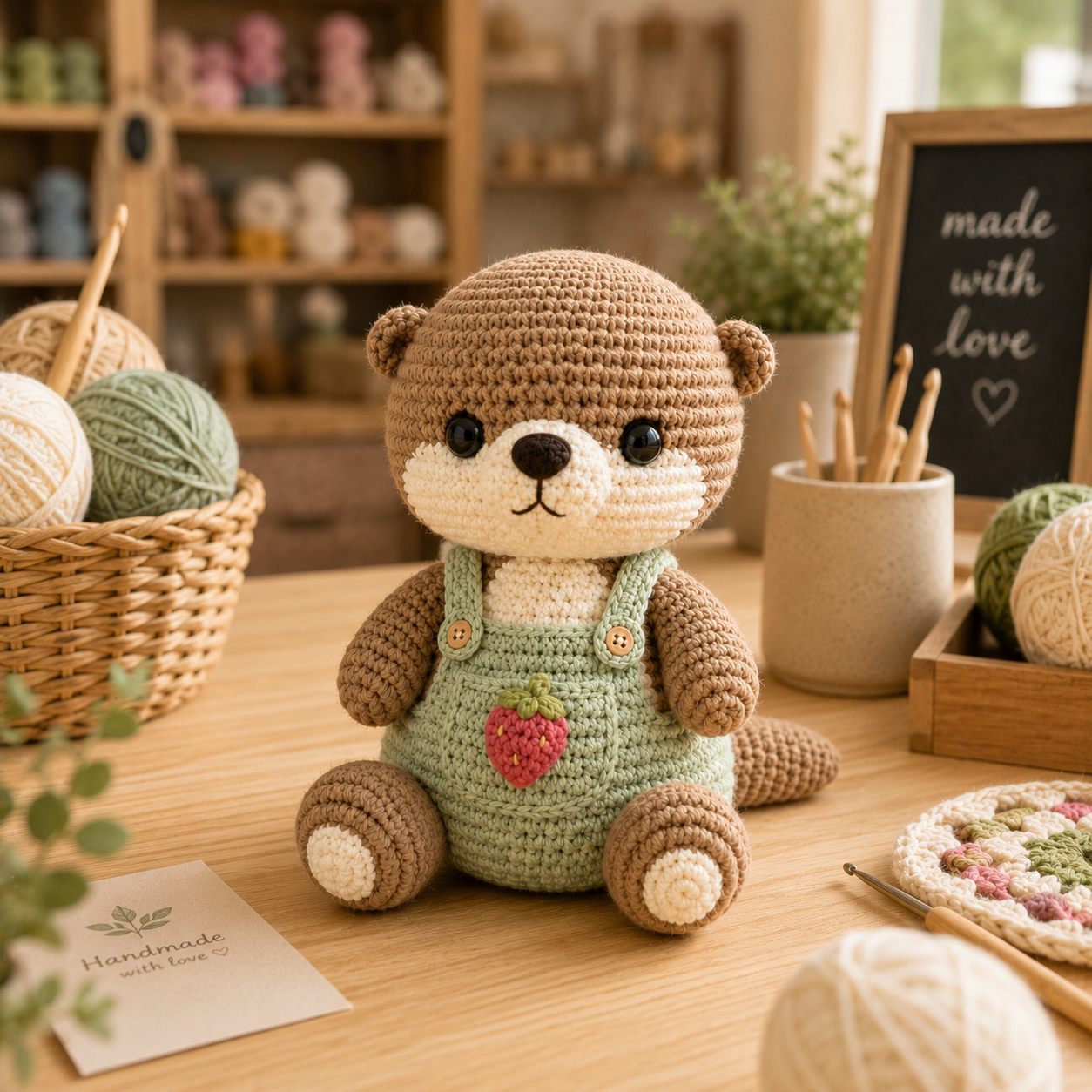 Strawberry Crochet Otter Plush – Sage Green Overalls Nursery Decor