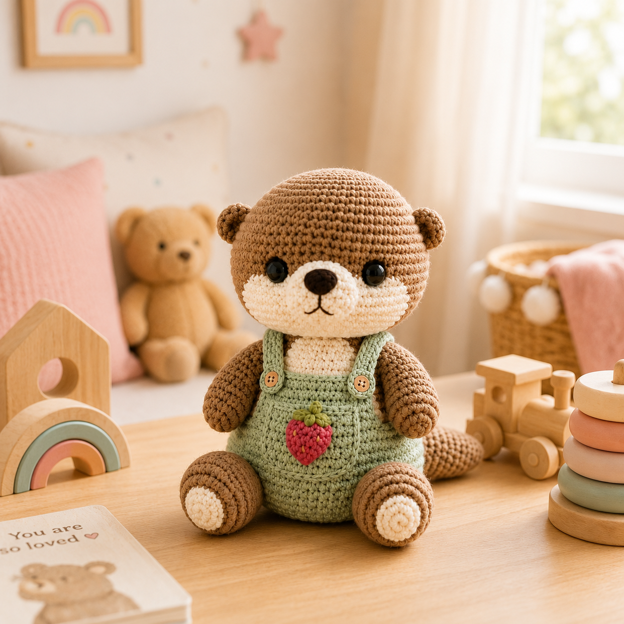 Strawberry Crochet Otter Plush – Sage Green Overalls Nursery Decor