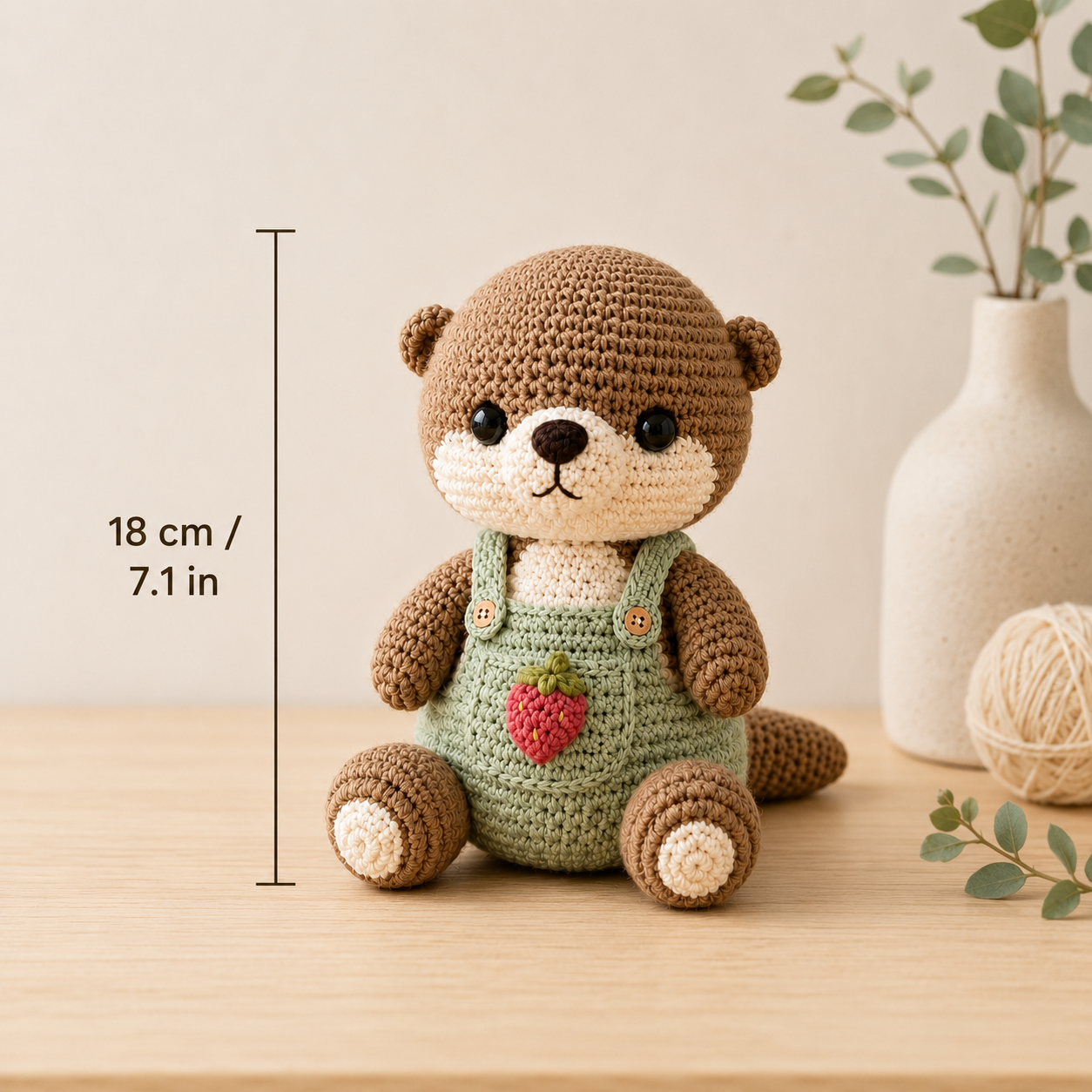 Strawberry Crochet Otter Plush – Sage Green Overalls Nursery Decor