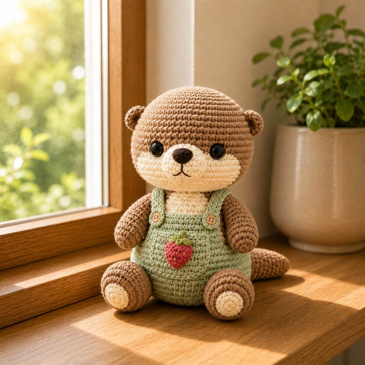 Strawberry Crochet Otter Plush – Sage Green Overalls Nursery Decor