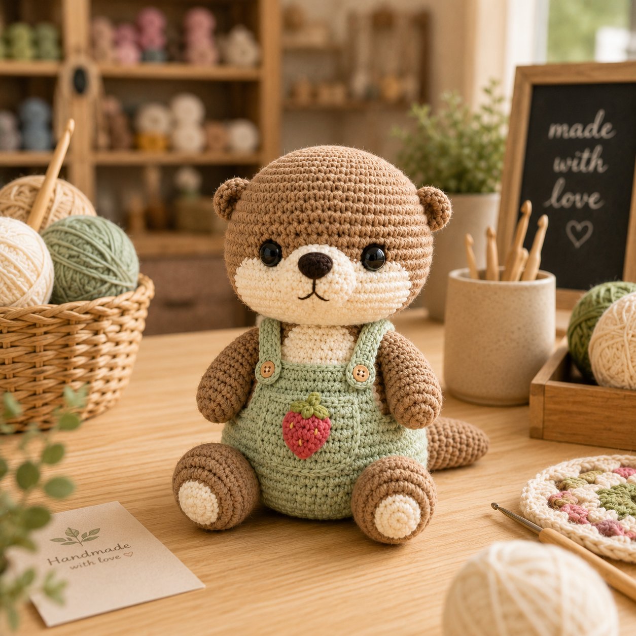 Strawberry Crochet Otter Plush – Sage Green Overalls Nursery Decor
