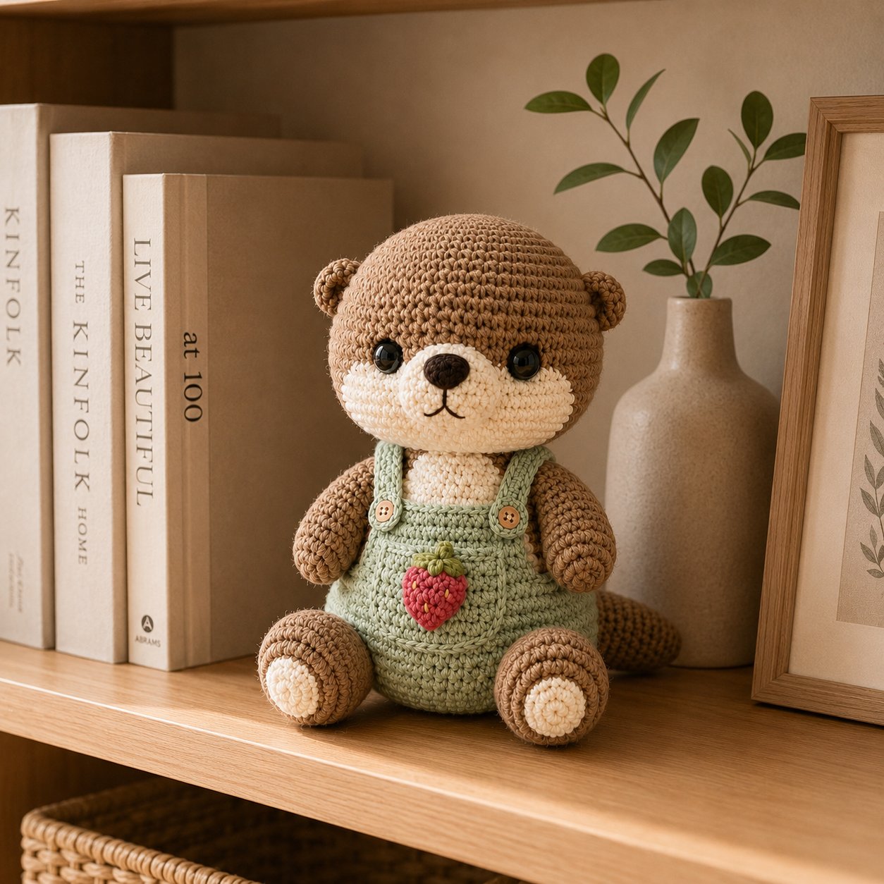 Strawberry Crochet Otter Plush – Sage Green Overalls Nursery Decor