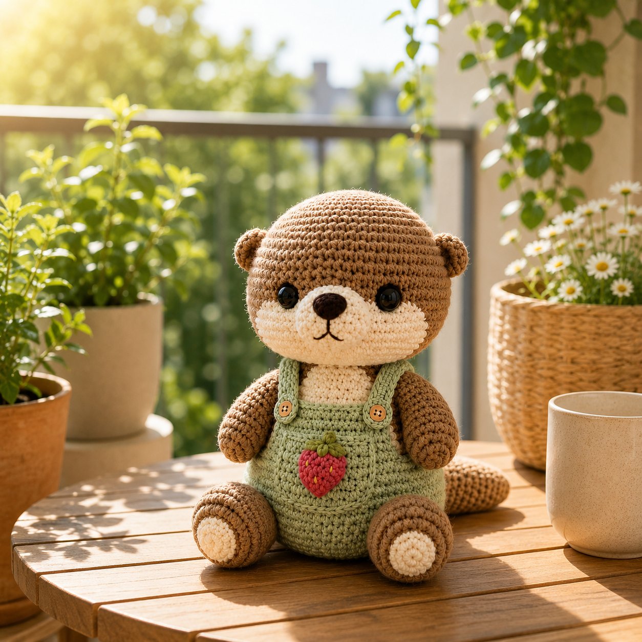 Strawberry Crochet Otter Plush – Sage Green Overalls Nursery Decor