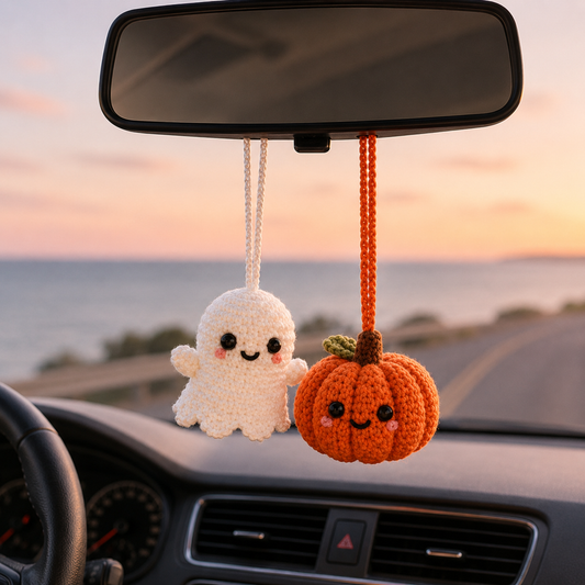 Crochet Ghost Pumpkin Car Hanging – Halloween Mirror Decor