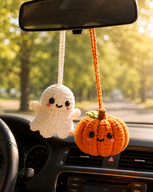Crochet Ghost Pumpkin Car Hanging – Halloween Mirror Decor