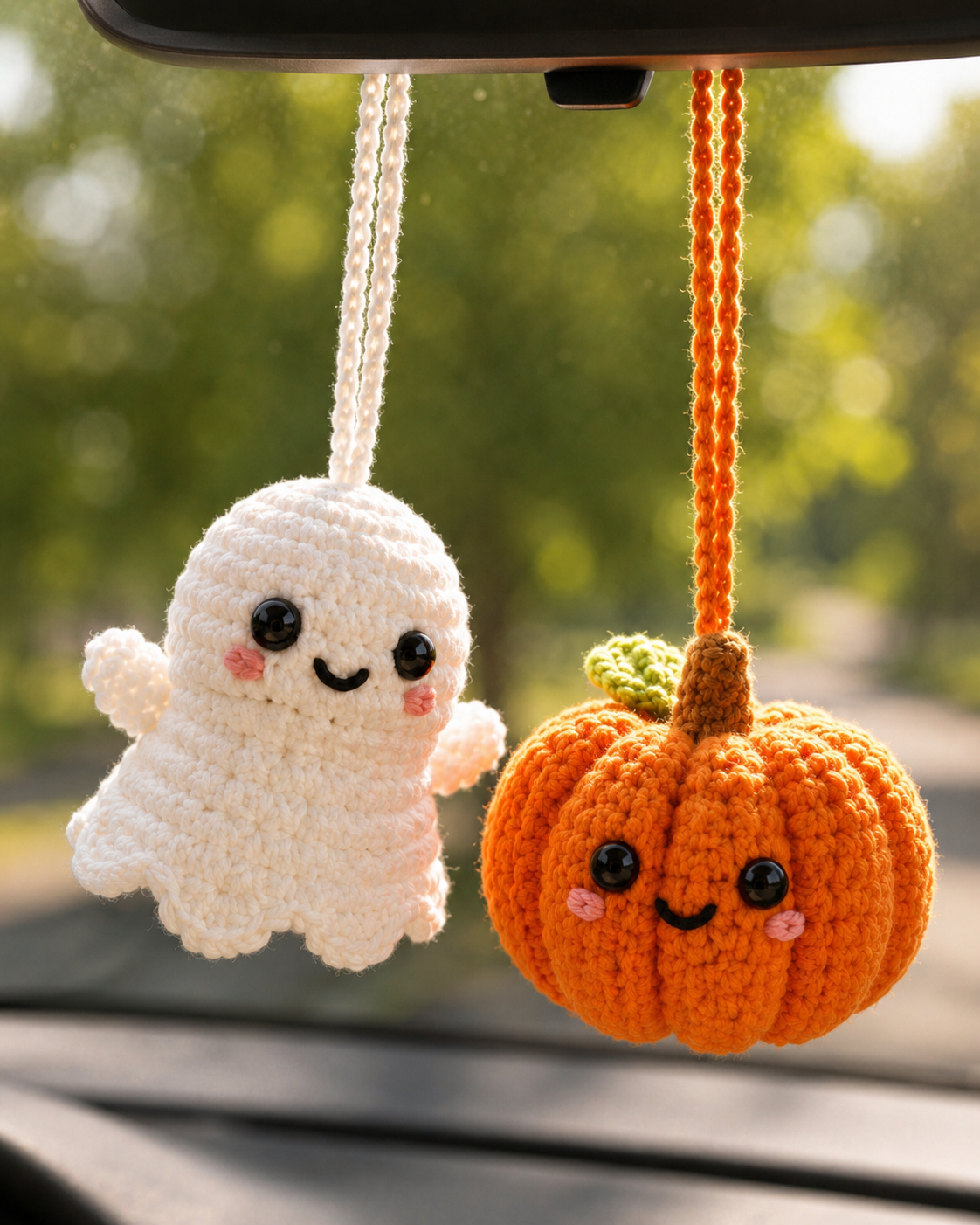 Crochet Ghost Pumpkin Car Hanging – Halloween Mirror Decor