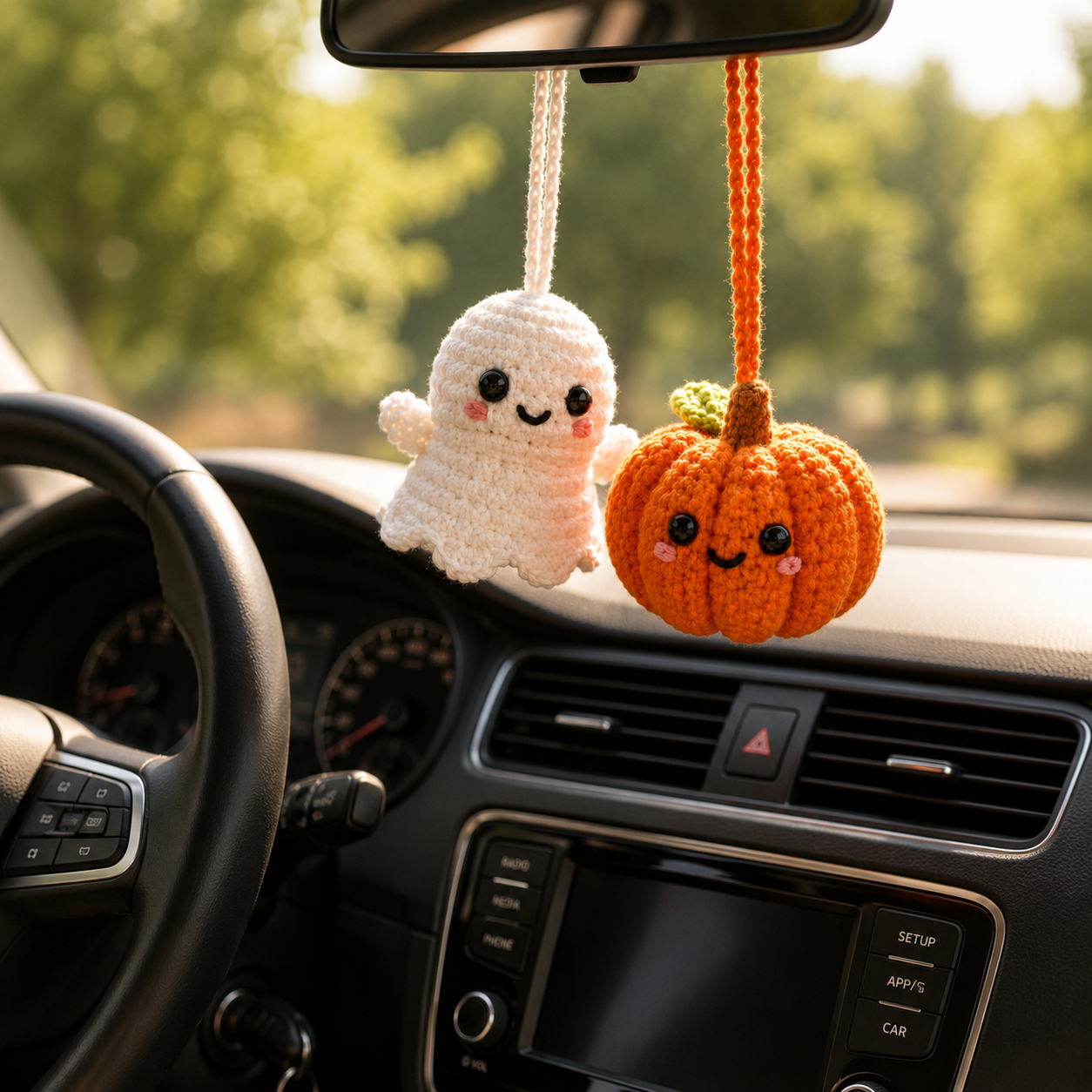 Crochet Ghost Pumpkin Car Hanging – Halloween Mirror Decor