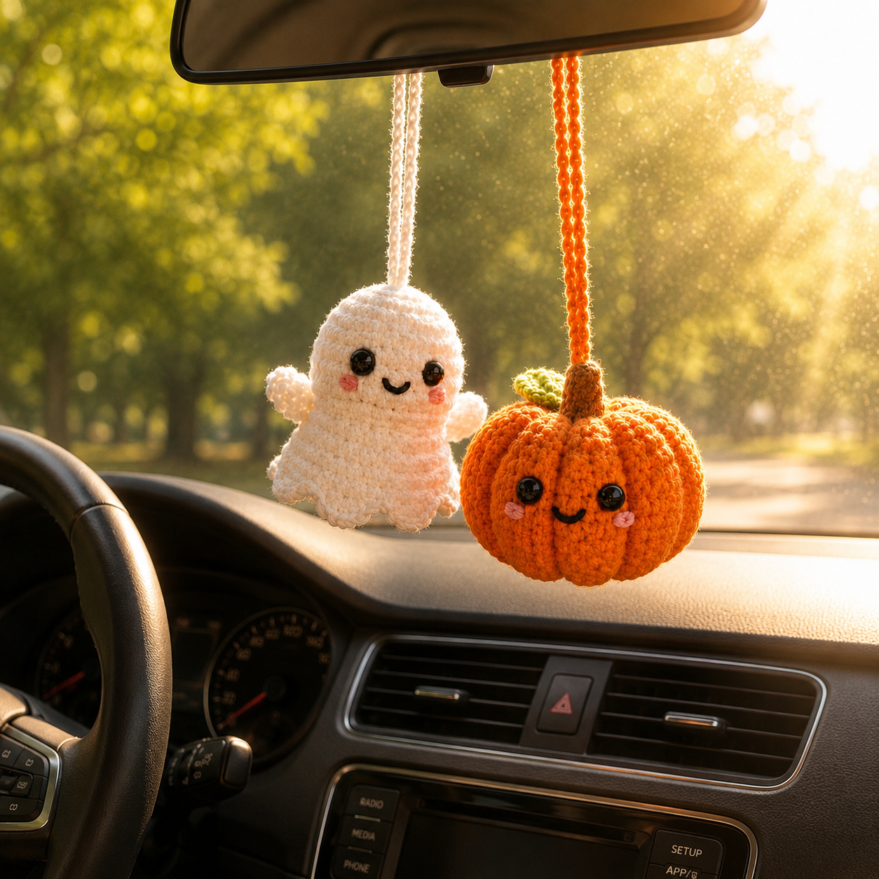 Crochet Ghost Pumpkin Car Hanging – Halloween Mirror Decor