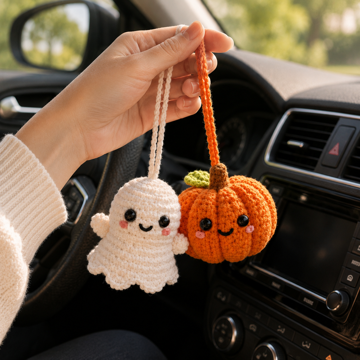 Crochet Ghost Pumpkin Car Hanging – Halloween Mirror Decor