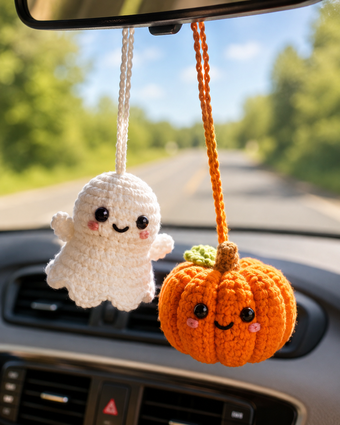 Crochet Ghost Pumpkin Car Hanging – Halloween Mirror Decor
