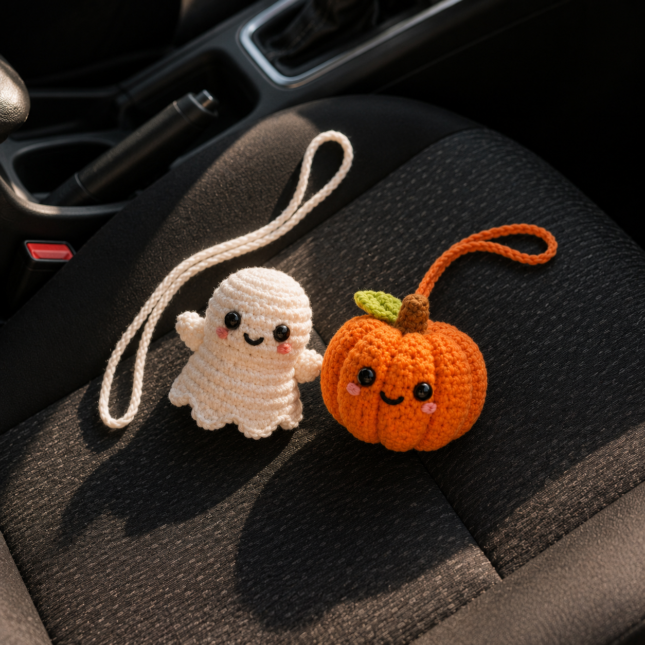 Crochet Ghost Pumpkin Car Hanging – Halloween Mirror Decor