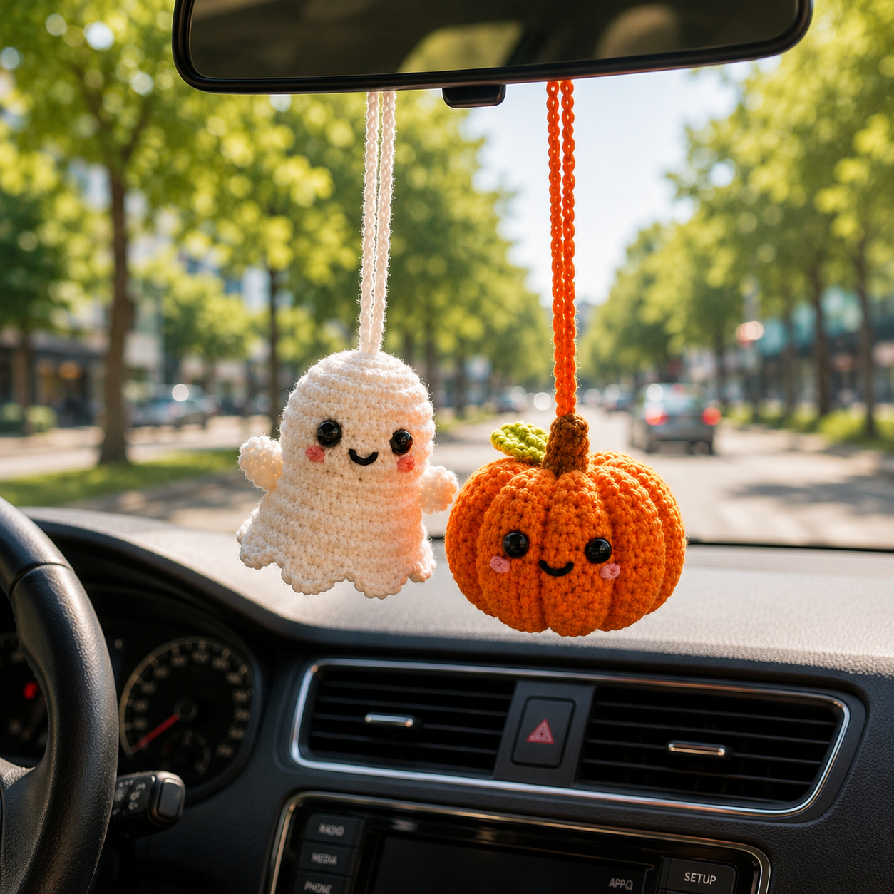 Crochet Ghost Pumpkin Car Hanging – Halloween Mirror Decor