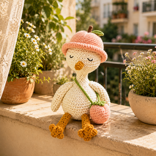 Crochet Goose Doll with Peach Hat – Handmade Cottagecore Gift