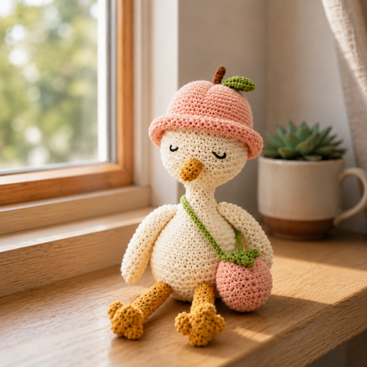 Crochet Goose Doll with Peach Hat – Handmade Cottagecore Gift