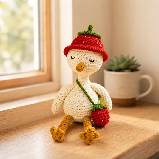 Crochet Goose Doll with Blueberry Hat – Handmade Summer Gift