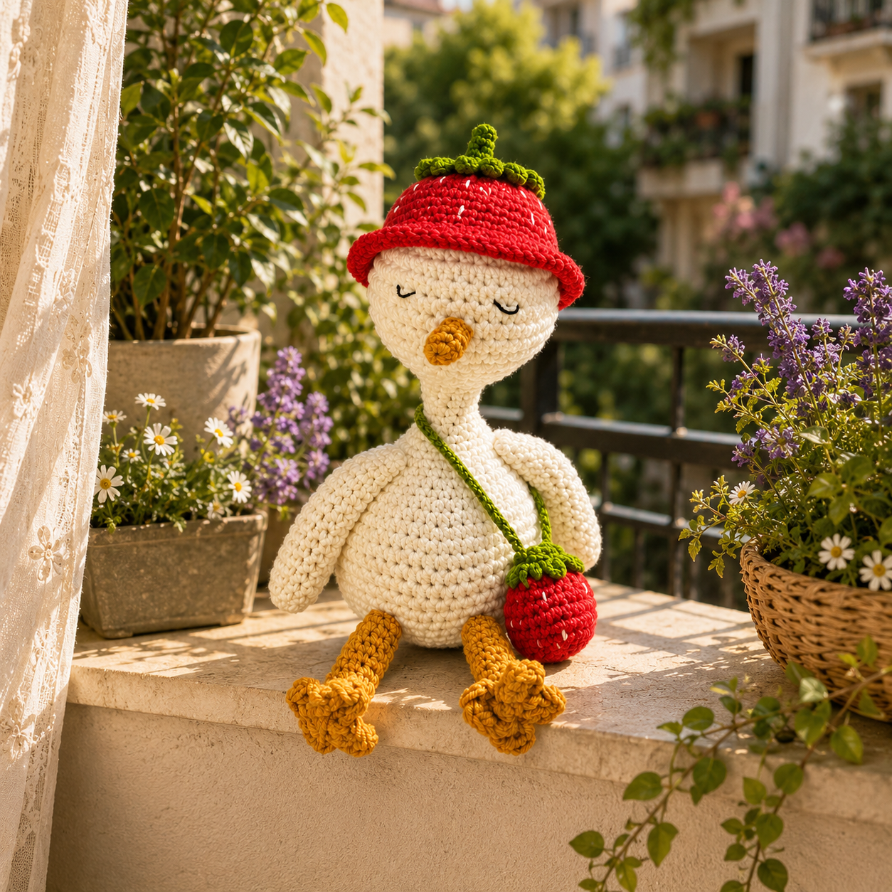 Crochet Goose Doll with Blueberry Hat – Handmade Summer Gift