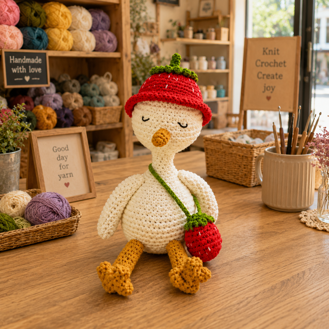 Crochet Goose Doll with Blueberry Hat – Handmade Summer Gift