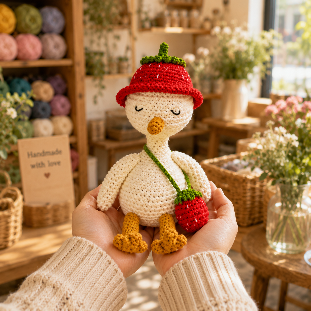 Crochet Goose Doll with Blueberry Hat – Handmade Summer Gift