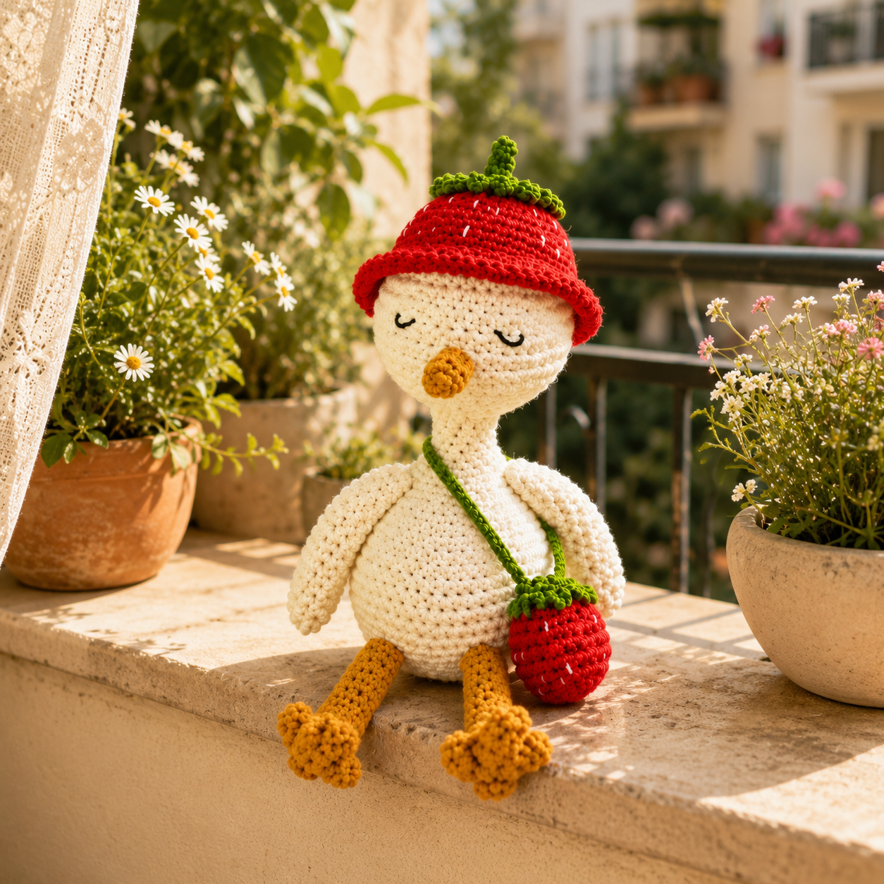 Crochet Goose Doll with Blueberry Hat – Handmade Summer Gift